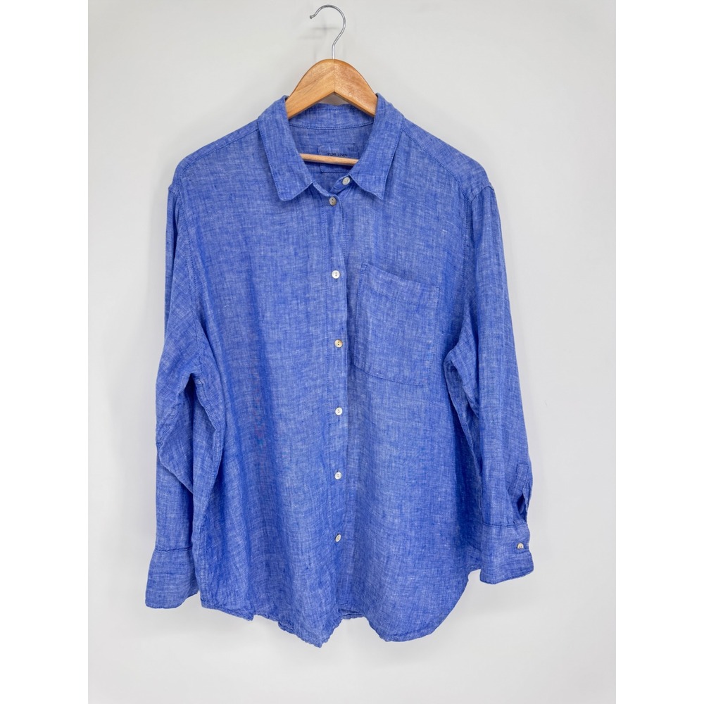 M&S Linen Button Down Shirt Womens 12 Blue Long Sleeve Coastal Lagenlook Resort